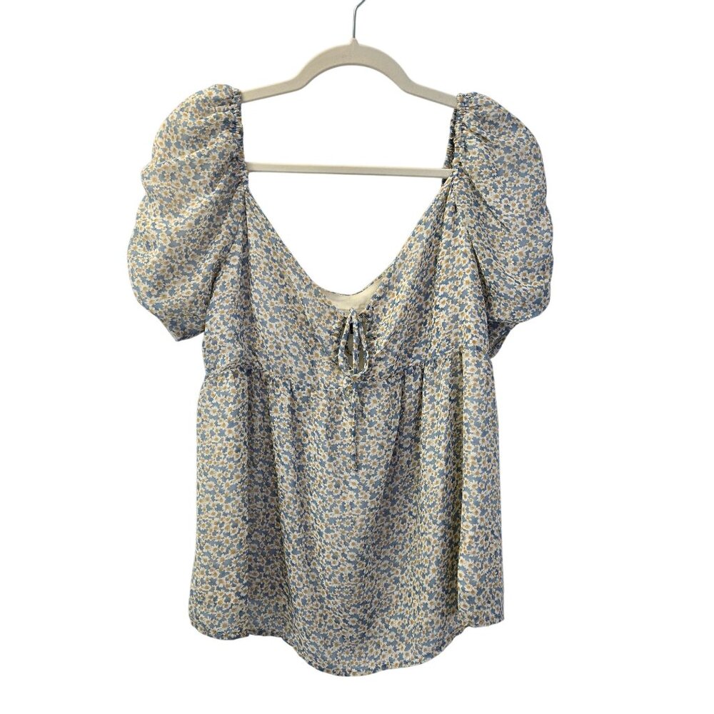 Louna Blue Daisy Chiffon Puff Sleeve Boho Blouse Size Medium - Picture 1 of 6